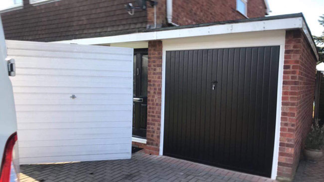 Before and after image of white and black garage doors